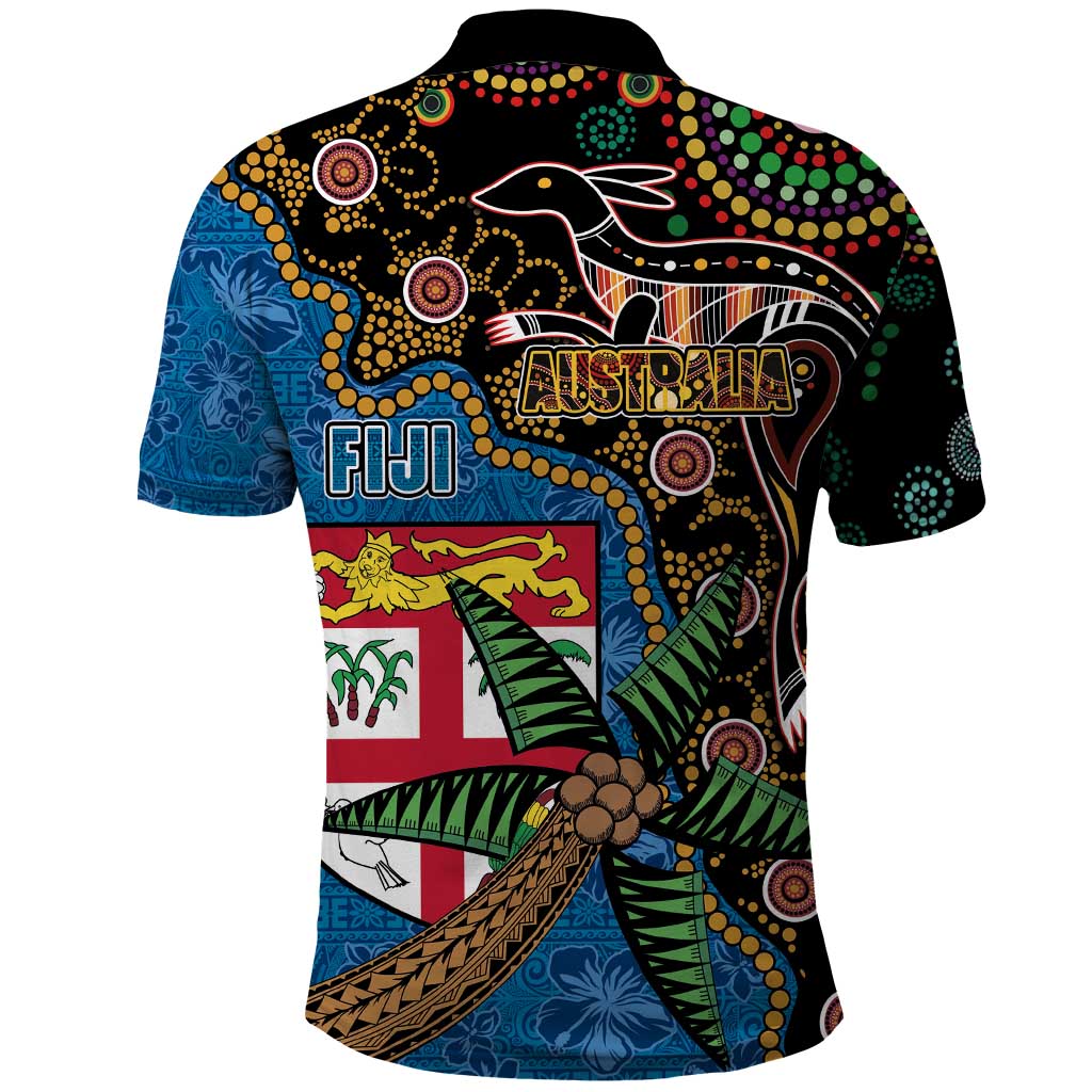 Fijian and Australian Culture Together Polo Shirt Aboriginal Art and Tapa Motifs with Kangaroo and Palm Tree LT03 - Polynesian Pride