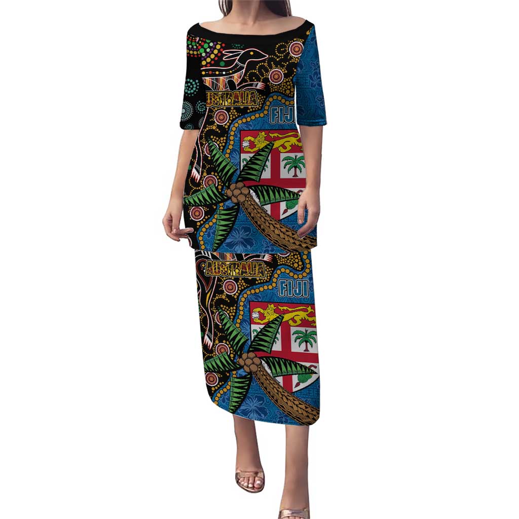 Fijian and Australian Culture Together Puletasi Aboriginal Art and Tapa Motifs with Kangaroo and Palm Tree LT03 Long Dress Black - Polynesian Pride
