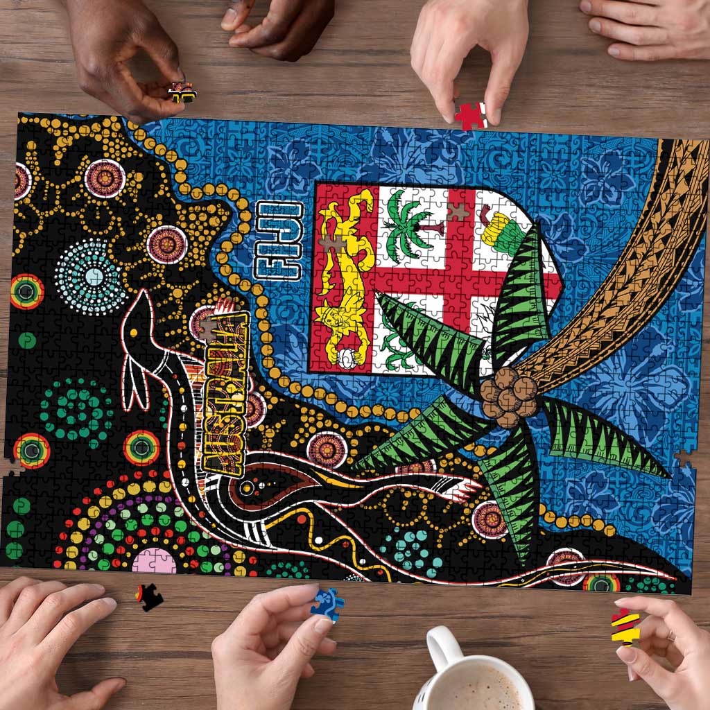 Fijian and Australian Culture Together Puzzle Aboriginal Art and Tapa Motifs with Kangaroo and Palm Tree LT03 - Polynesian Pride