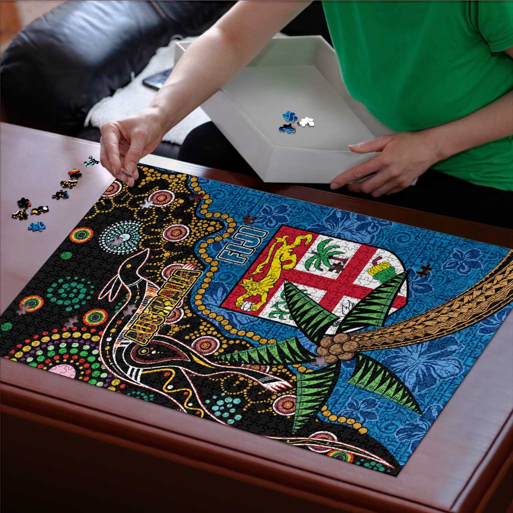 Fijian and Australian Culture Together Puzzle Aboriginal Art and Tapa Motifs with Kangaroo and Palm Tree LT03 - Polynesian Pride