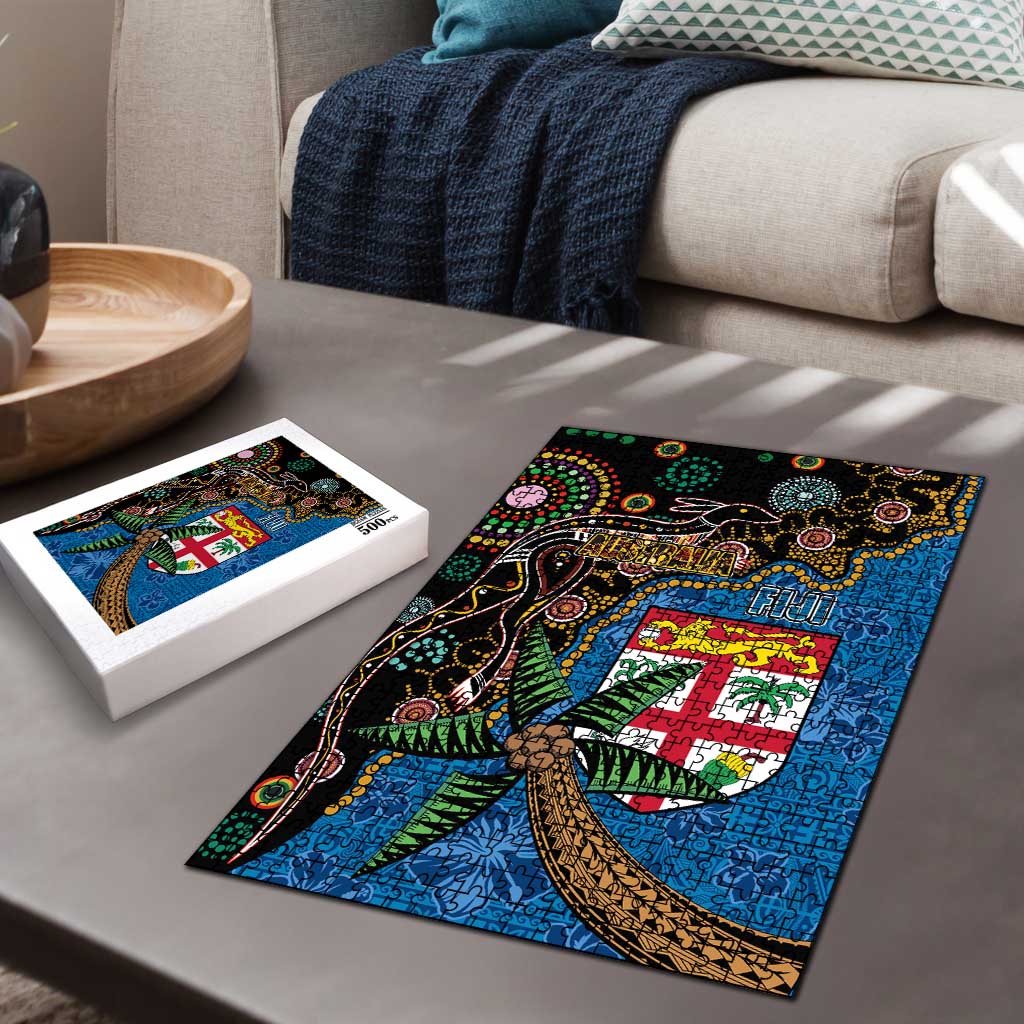 Fijian and Australian Culture Together Puzzle Aboriginal Art and Tapa Motifs with Kangaroo and Palm Tree LT03 - Polynesian Pride