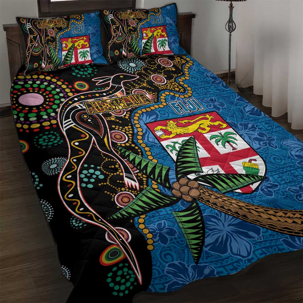 Fijian and Australian Culture Together Quilt Bed Set Aboriginal Art and Tapa Motifs with Kangaroo and Palm Tree LT03 Black - Polynesian Pride