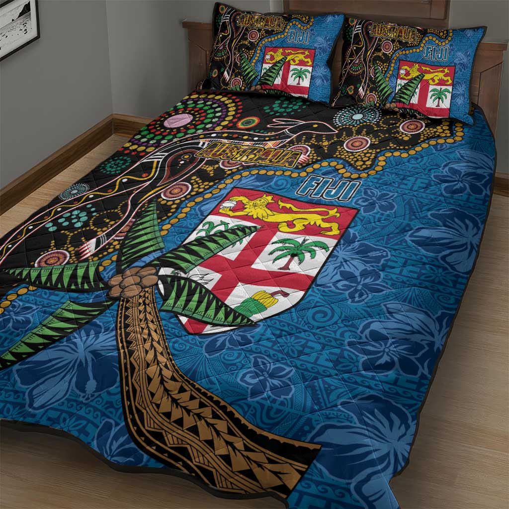Fijian and Australian Culture Together Quilt Bed Set Aboriginal Art and Tapa Motifs with Kangaroo and Palm Tree LT03 - Polynesian Pride