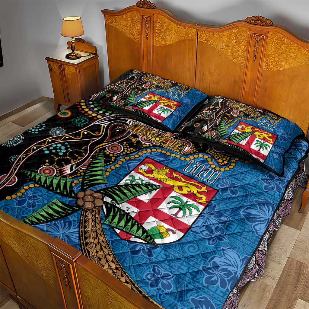 Fijian and Australian Culture Together Quilt Bed Set Aboriginal Art and Tapa Motifs with Kangaroo and Palm Tree LT03 - Polynesian Pride