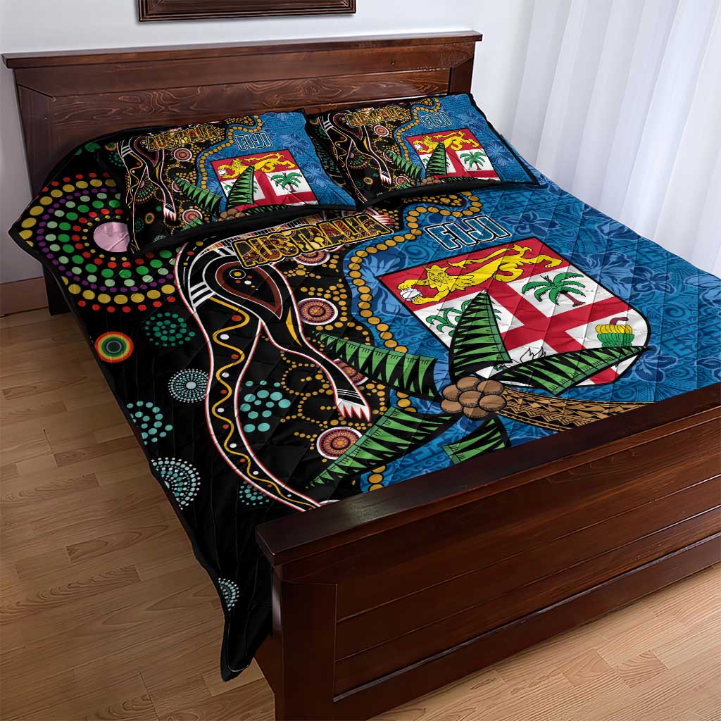Fijian and Australian Culture Together Quilt Bed Set Aboriginal Art and Tapa Motifs with Kangaroo and Palm Tree LT03 - Polynesian Pride