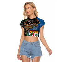 Fijian and Australian Culture Together Raglan Cropped T Shirt Aboriginal Art and Tapa Motifs with Kangaroo and Palm Tree LT03 Female Black - Polynesian Pride