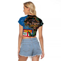 Fijian and Australian Culture Together Raglan Cropped T Shirt Aboriginal Art and Tapa Motifs with Kangaroo and Palm Tree LT03 - Polynesian Pride