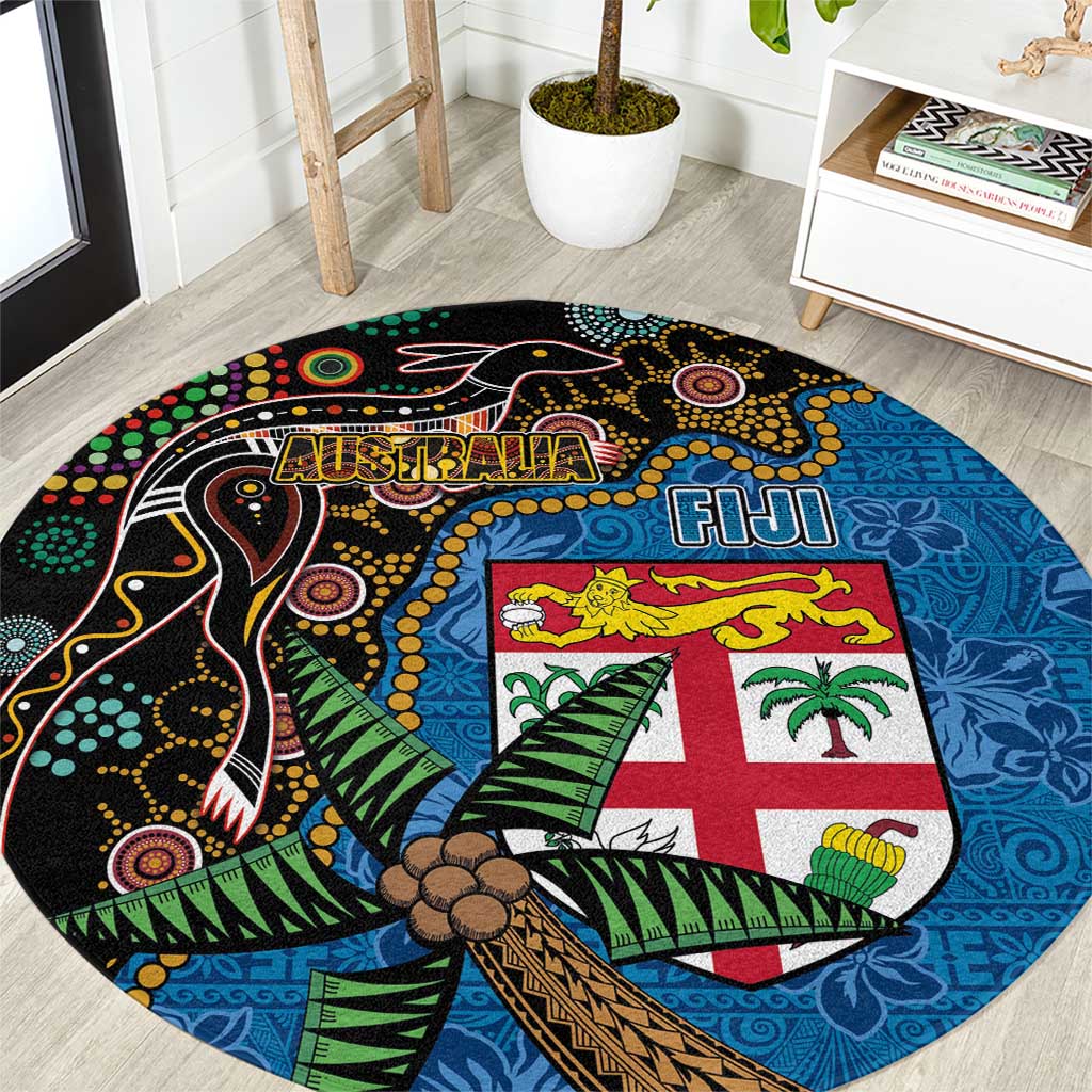 Fijian and Australian Culture Together Round Carpet Aboriginal Art and Tapa Motifs with Kangaroo and Palm Tree LT03 Black - Polynesian Pride
