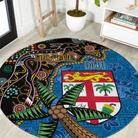 Fijian and Australian Culture Together Round Carpet Aboriginal Art and Tapa Motifs with Kangaroo and Palm Tree LT03 Black - Polynesian Pride
