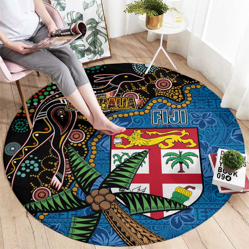 Fijian and Australian Culture Together Round Carpet Aboriginal Art and Tapa Motifs with Kangaroo and Palm Tree LT03 - Polynesian Pride