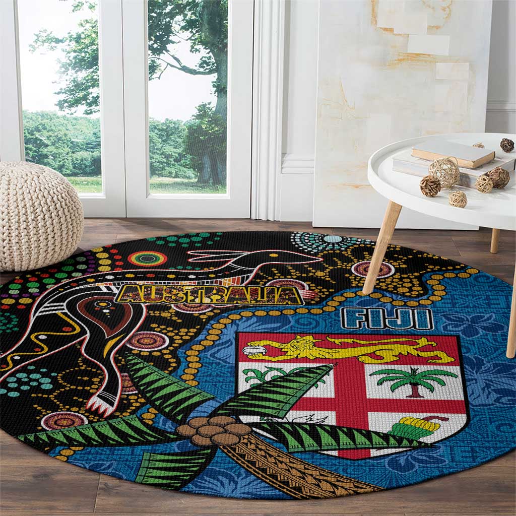 Fijian and Australian Culture Together Round Carpet Aboriginal Art and Tapa Motifs with Kangaroo and Palm Tree LT03 - Polynesian Pride