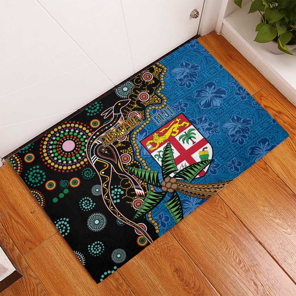 Fijian and Australian Culture Together Rubber Doormat Aboriginal Art and Tapa Motifs with Kangaroo and Palm Tree LT03 - Polynesian Pride