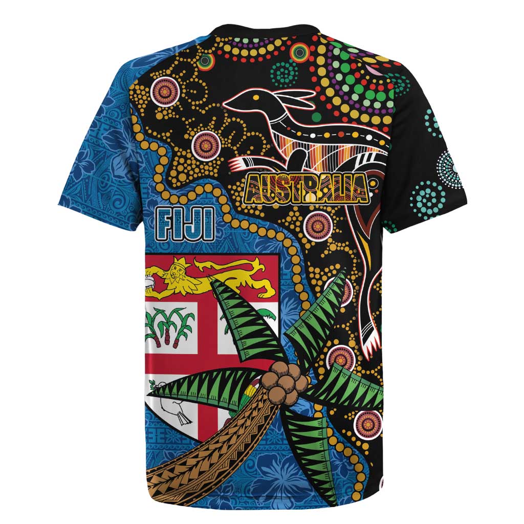 Fijian and Australian Culture Together Rugby Jersey Aboriginal Art and Tapa Motifs with Kangaroo and Palm Tree LT03 - Polynesian Pride