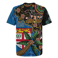Fijian and Australian Culture Together Rugby Jersey Aboriginal Art and Tapa Motifs with Kangaroo and Palm Tree LT03 - Polynesian Pride