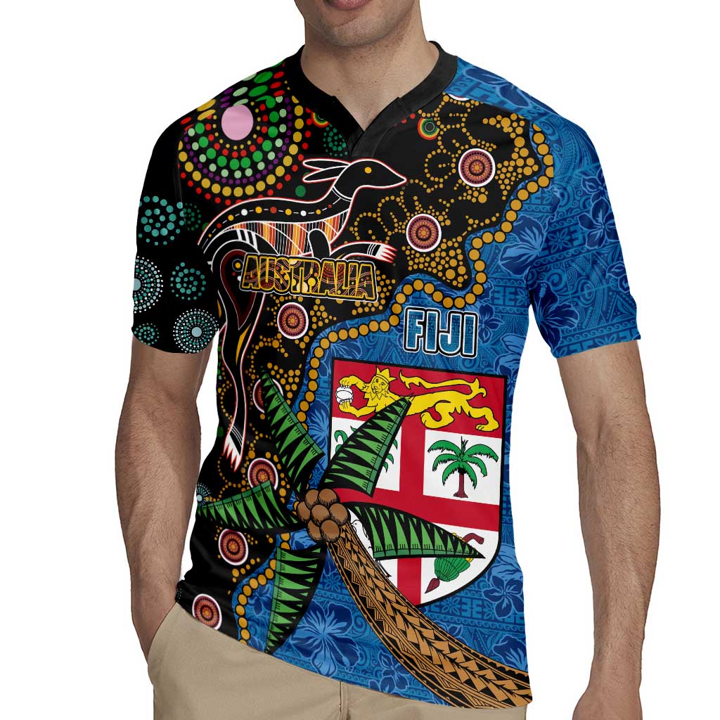 Fijian and Australian Culture Together Rugby Jersey Aboriginal Art and Tapa Motifs with Kangaroo and Palm Tree LT03 - Polynesian Pride