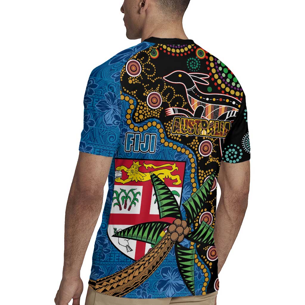 Fijian and Australian Culture Together Rugby Jersey Aboriginal Art and Tapa Motifs with Kangaroo and Palm Tree LT03 - Polynesian Pride