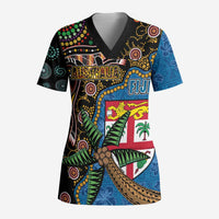 Fijian and Australian Culture Together Scrub Top Aboriginal Art and Tapa Motifs with Kangaroo and Palm Tree LT03 Adult Black - Polynesian Pride