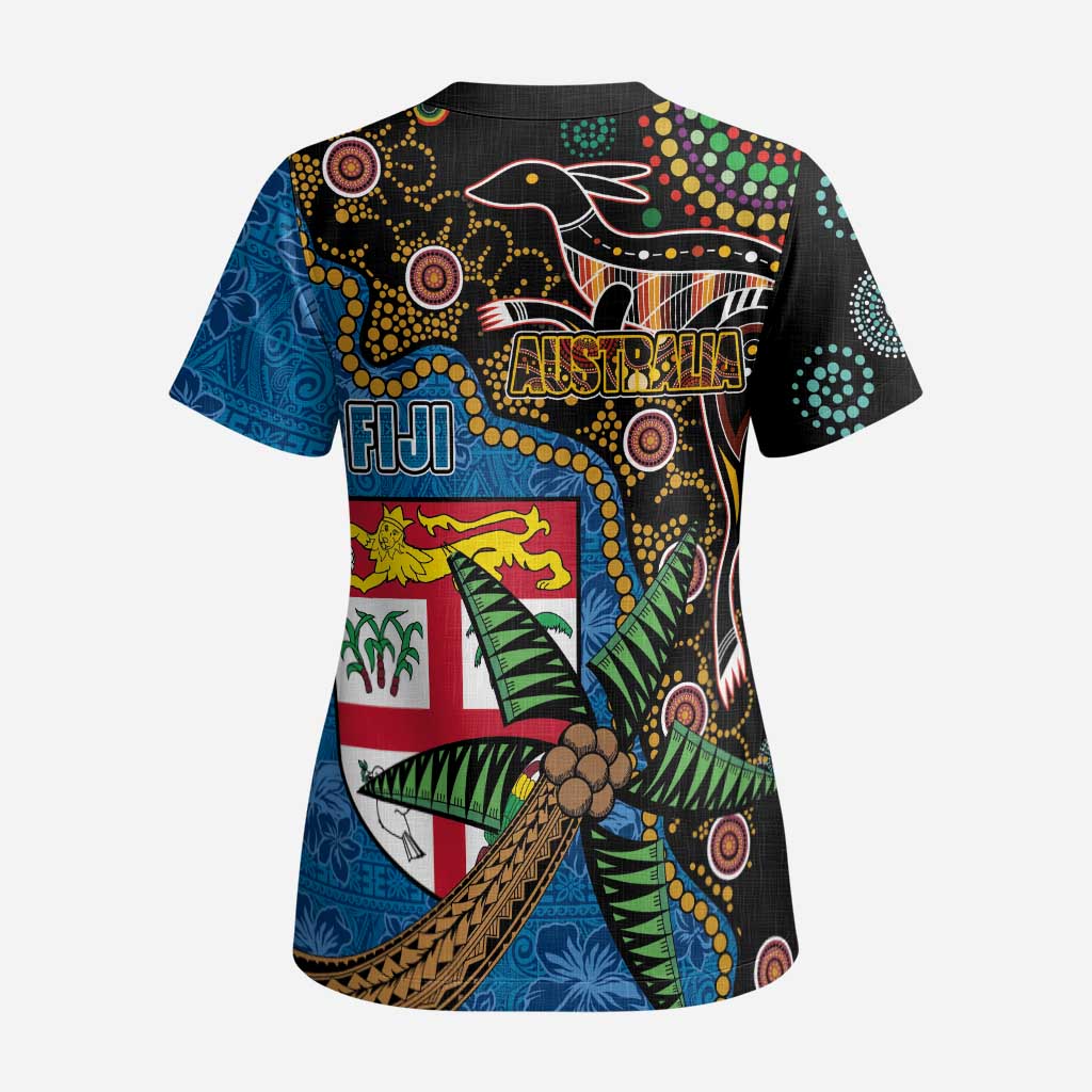 Fijian and Australian Culture Together Scrub Top Aboriginal Art and Tapa Motifs with Kangaroo and Palm Tree LT03 - Polynesian Pride