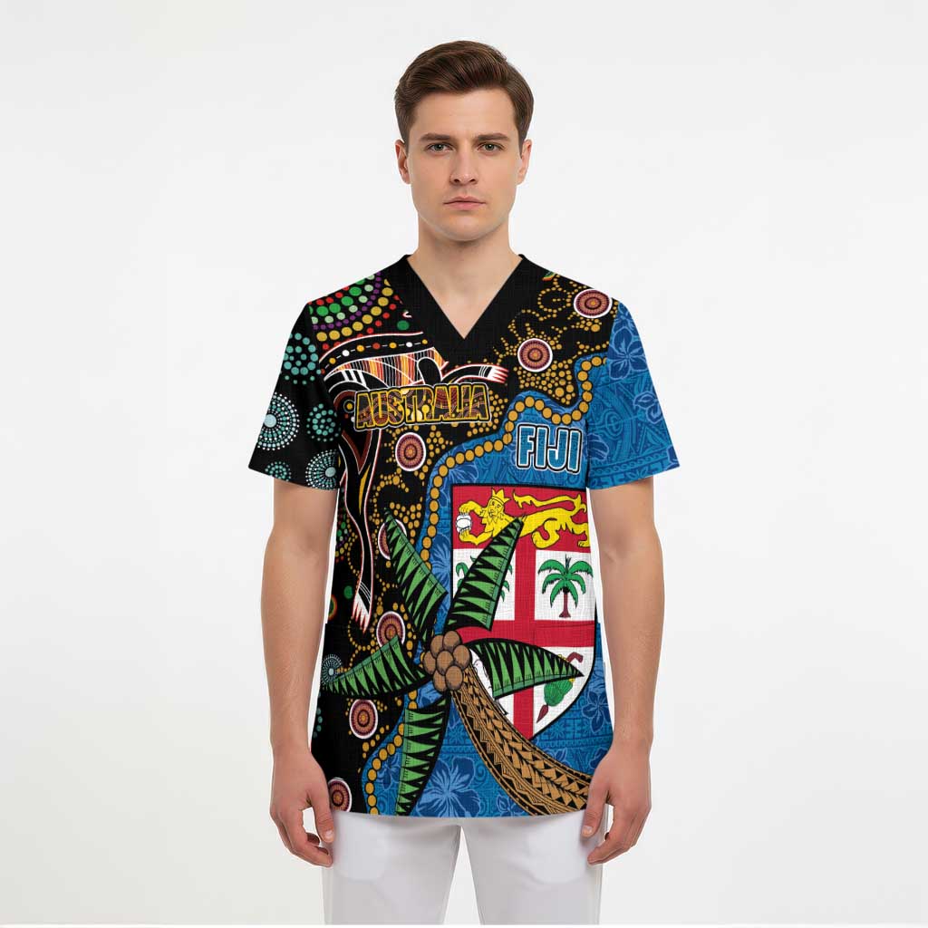 Fijian and Australian Culture Together Scrub Top Aboriginal Art and Tapa Motifs with Kangaroo and Palm Tree LT03 - Polynesian Pride