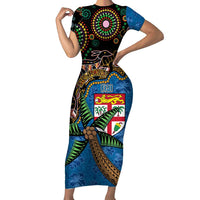 Fijian and Australian Culture Together Short Sleeve Bodycon Dress Aboriginal Art and Tapa Motifs with Kangaroo and Palm Tree LT03 Long Dress Black - Polynesian Pride