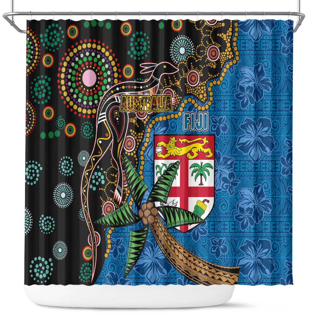 Fijian and Australian Culture Together Shower Curtain Aboriginal Art and Tapa Motifs with Kangaroo and Palm Tree LT03 Black - Polynesian Pride