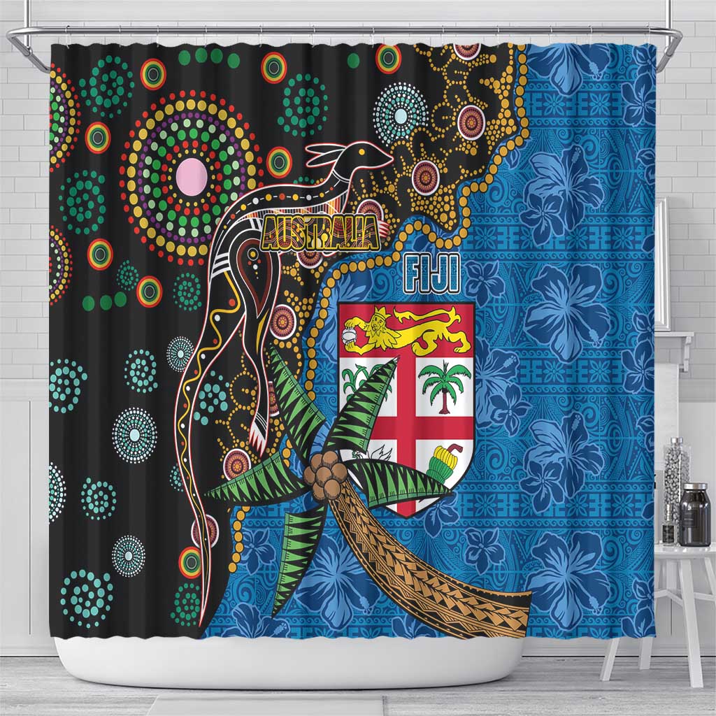 Fijian and Australian Culture Together Shower Curtain Aboriginal Art and Tapa Motifs with Kangaroo and Palm Tree LT03 - Polynesian Pride