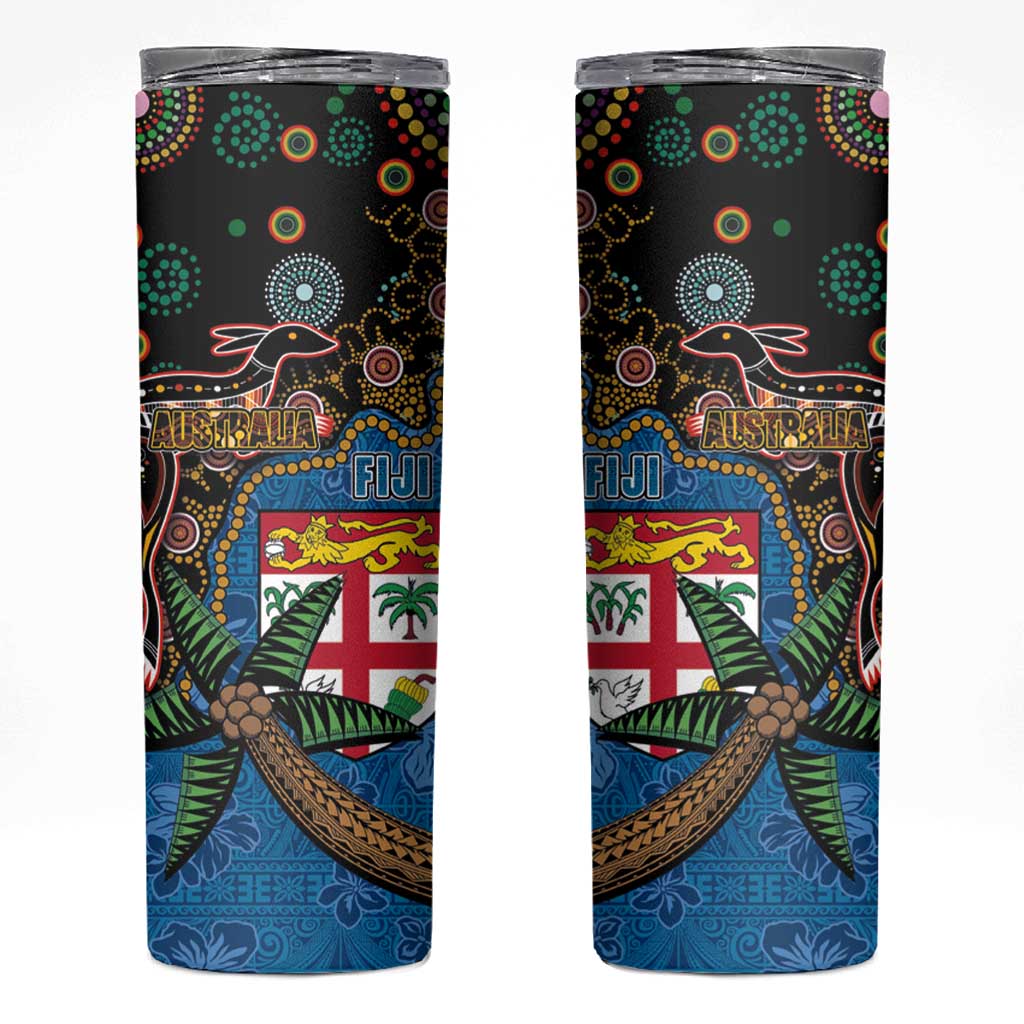 Fijian and Australian Culture Together Skinny Tumbler Aboriginal Art and Tapa Motifs with Kangaroo and Palm Tree LT03 Black - Polynesian Pride