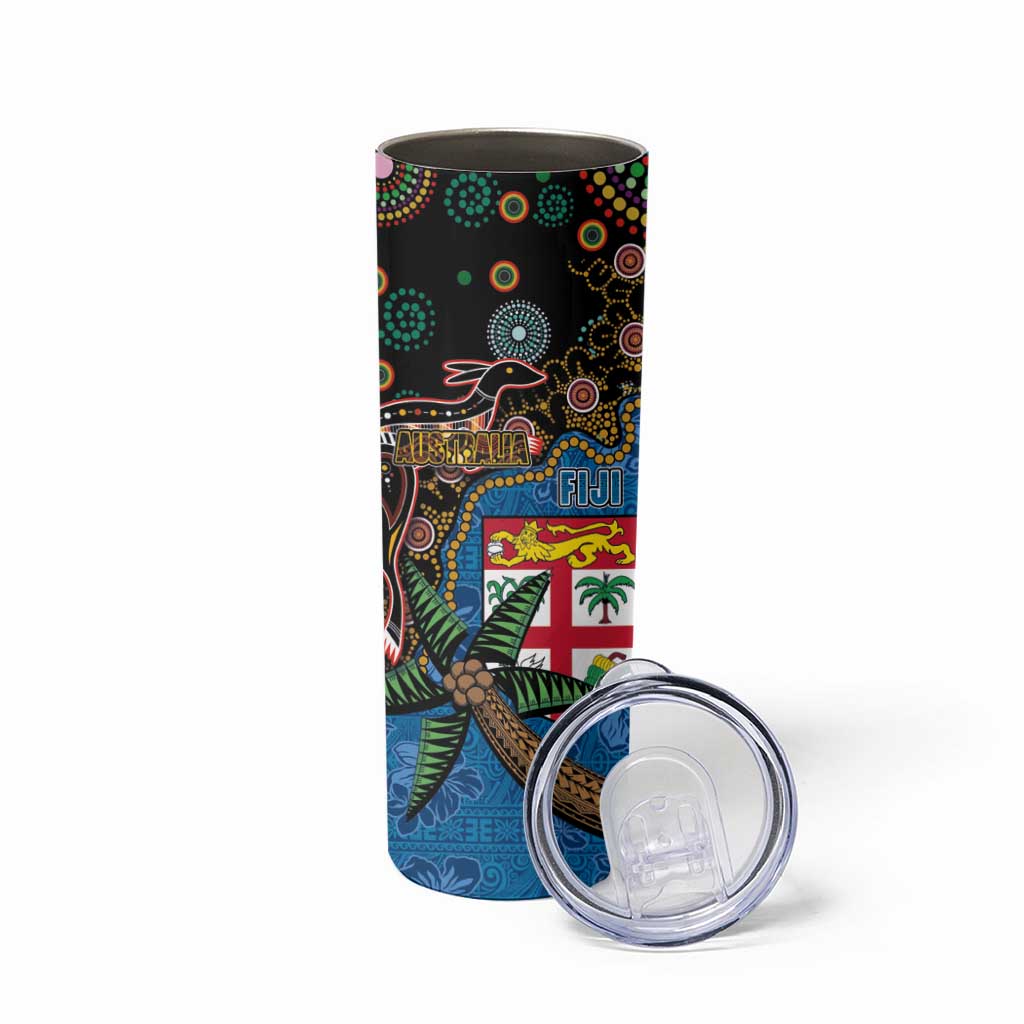 Fijian and Australian Culture Together Skinny Tumbler Aboriginal Art and Tapa Motifs with Kangaroo and Palm Tree LT03 - Polynesian Pride