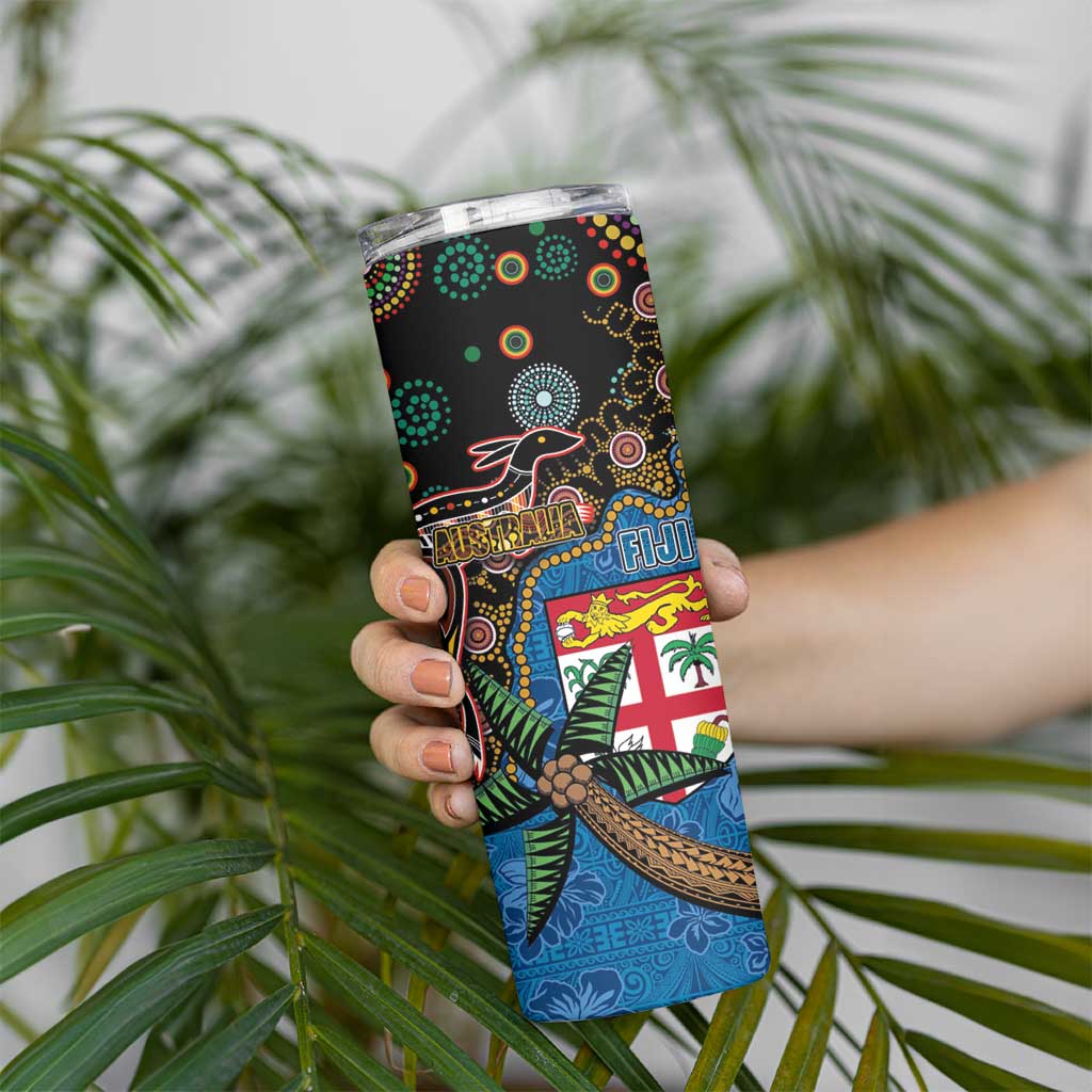 Fijian and Australian Culture Together Skinny Tumbler Aboriginal Art and Tapa Motifs with Kangaroo and Palm Tree LT03 - Polynesian Pride