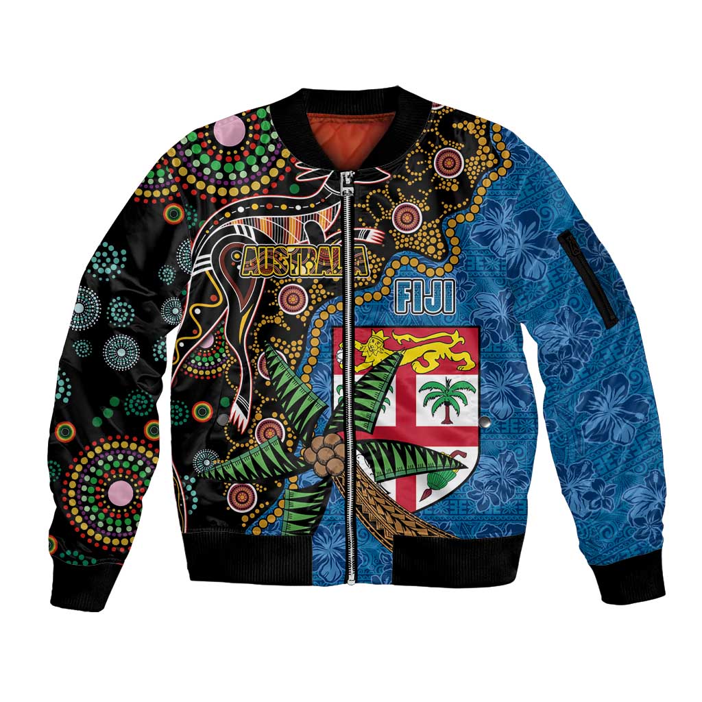 Fijian and Australian Culture Together Sleeve Zip Bomber Jacket Aboriginal Art and Tapa Motifs with Kangaroo and Palm Tree LT03 Unisex Black - Polynesian Pride