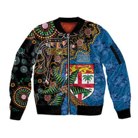 Fijian and Australian Culture Together Sleeve Zip Bomber Jacket Aboriginal Art and Tapa Motifs with Kangaroo and Palm Tree LT03 Unisex Black - Polynesian Pride