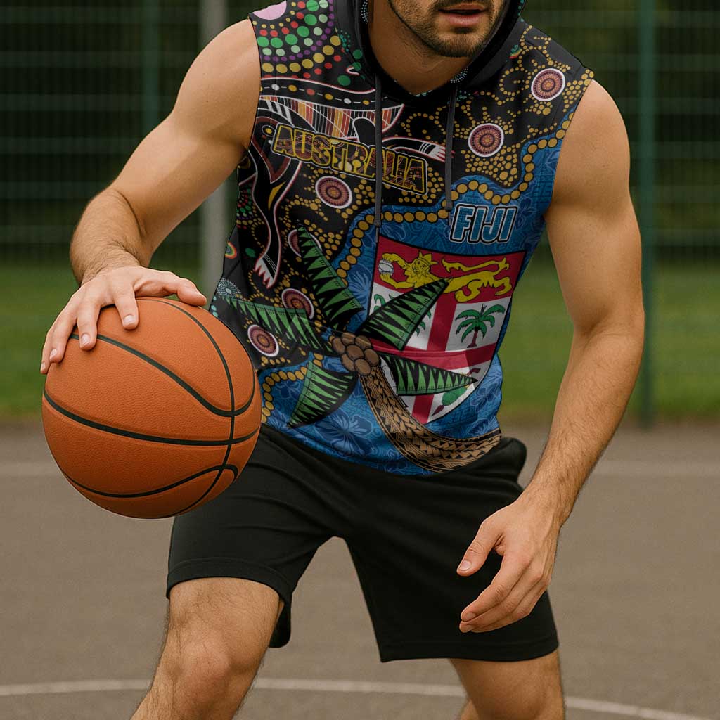 Fijian and Australian Culture Together Sleeveless Hoodie Aboriginal Art and Tapa Motifs with Kangaroo and Palm Tree LT03 - Polynesian Pride