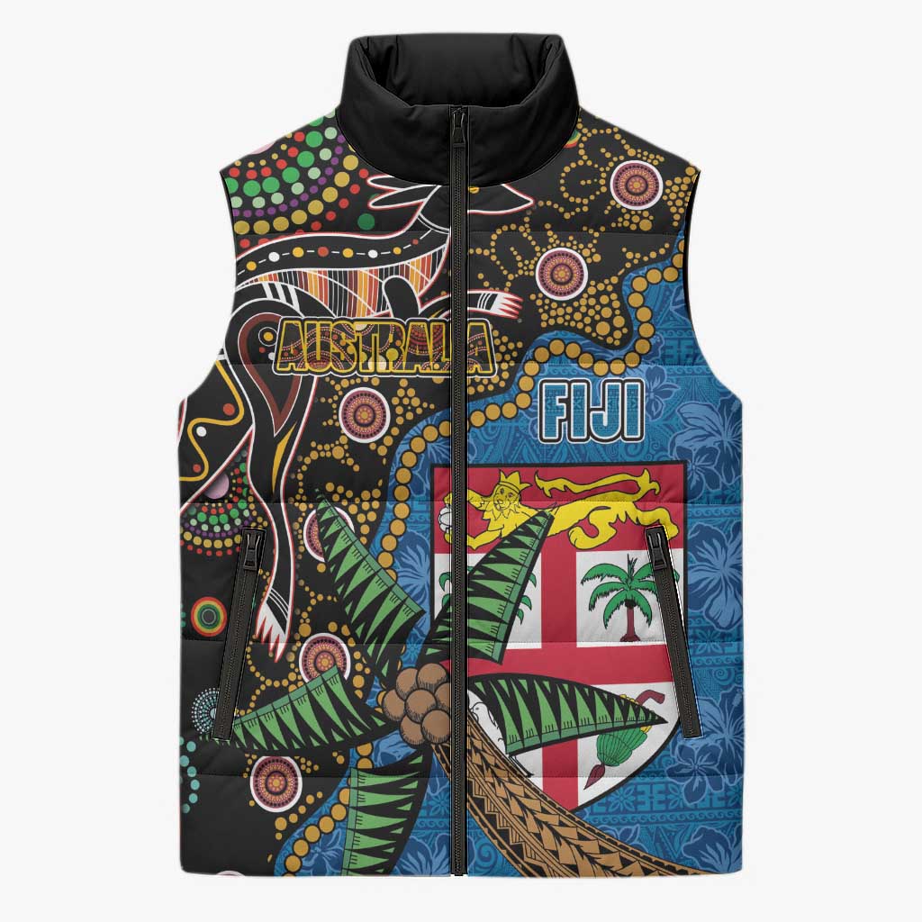 Fijian and Australian Culture Together Sleeveless Puffer Jacket Aboriginal Art and Tapa Motifs with Kangaroo and Palm Tree LT03 Unisex Black - Polynesian Pride