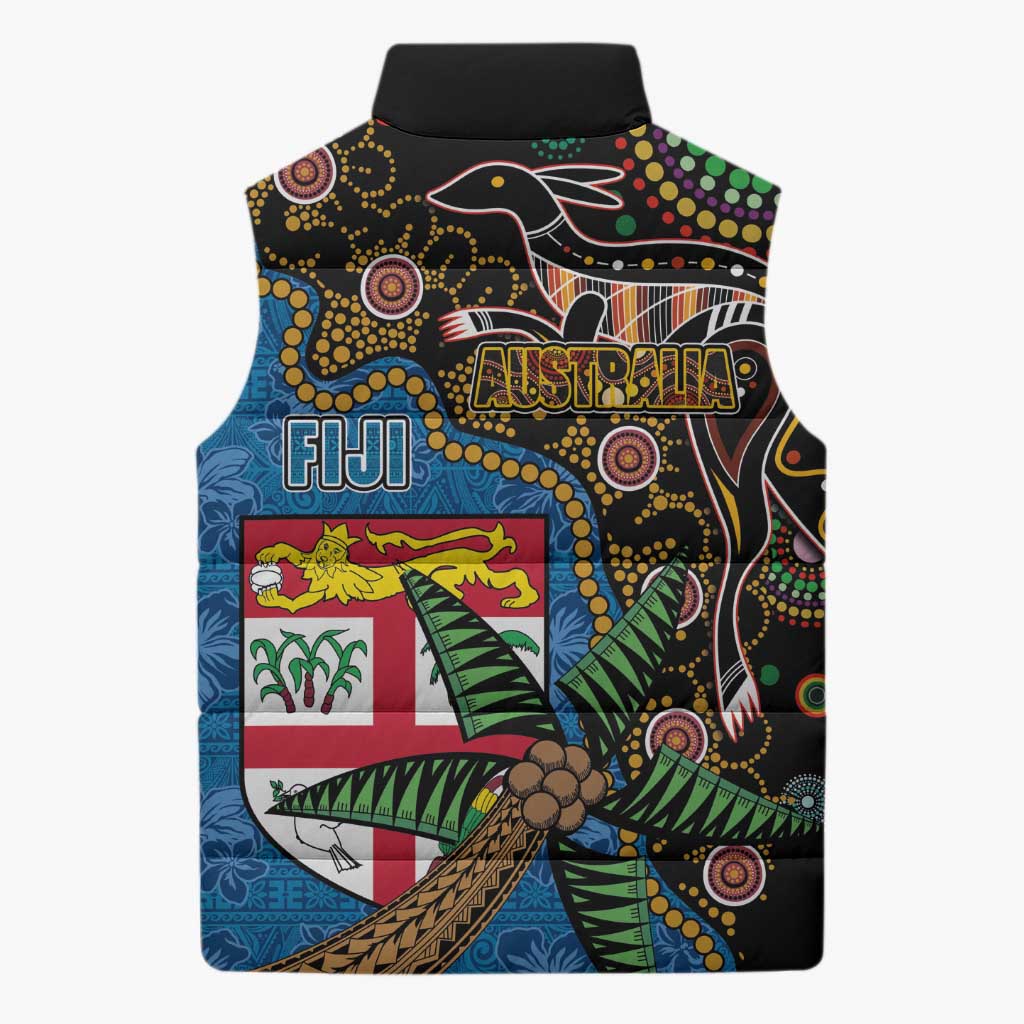 Fijian and Australian Culture Together Sleeveless Puffer Jacket Aboriginal Art and Tapa Motifs with Kangaroo and Palm Tree LT03 - Polynesian Pride