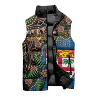 Fijian and Australian Culture Together Sleeveless Puffer Jacket Aboriginal Art and Tapa Motifs with Kangaroo and Palm Tree LT03 - Polynesian Pride