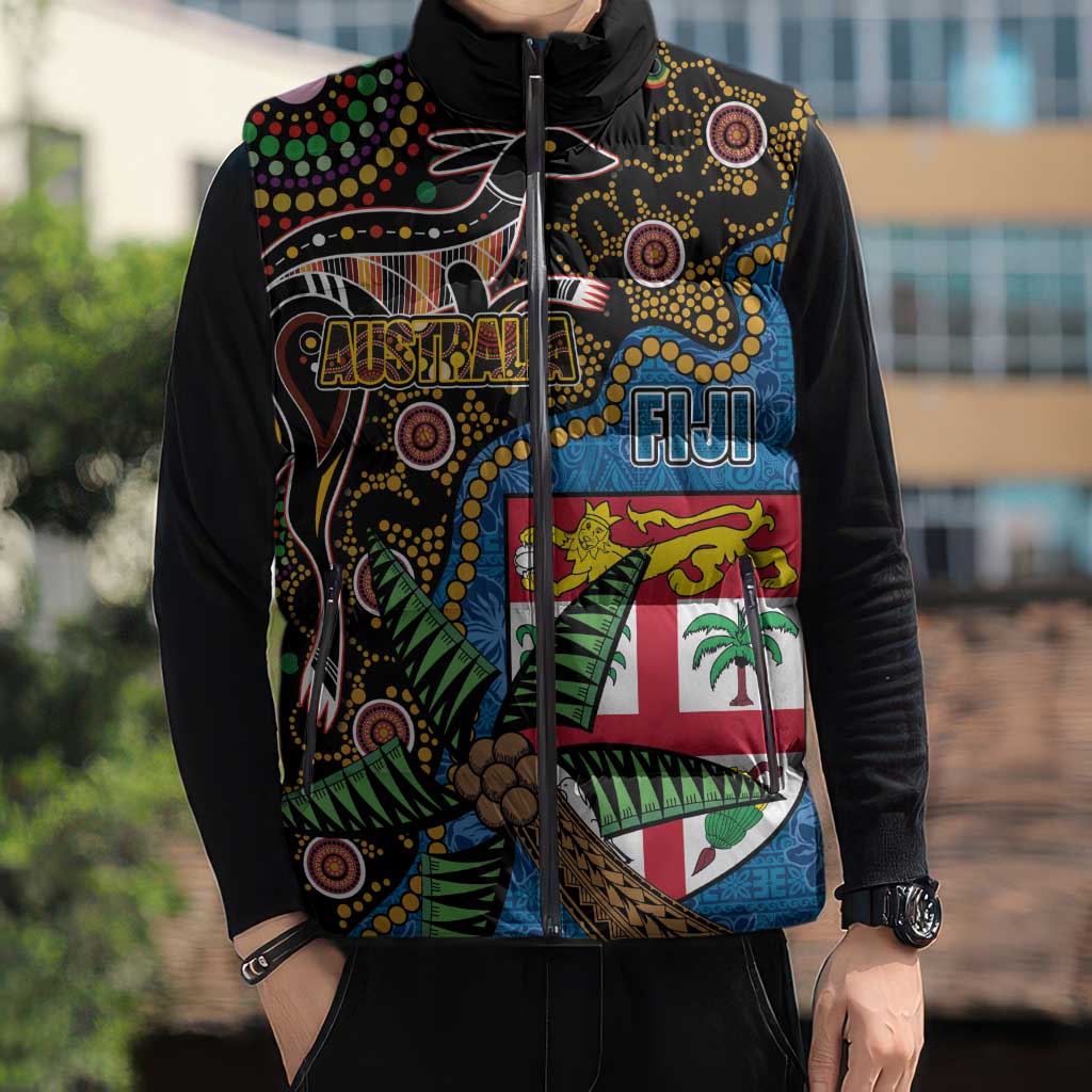 Fijian and Australian Culture Together Sleeveless Puffer Jacket Aboriginal Art and Tapa Motifs with Kangaroo and Palm Tree LT03 - Polynesian Pride