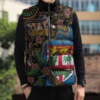 Fijian and Australian Culture Together Sleeveless Puffer Jacket Aboriginal Art and Tapa Motifs with Kangaroo and Palm Tree LT03 - Polynesian Pride