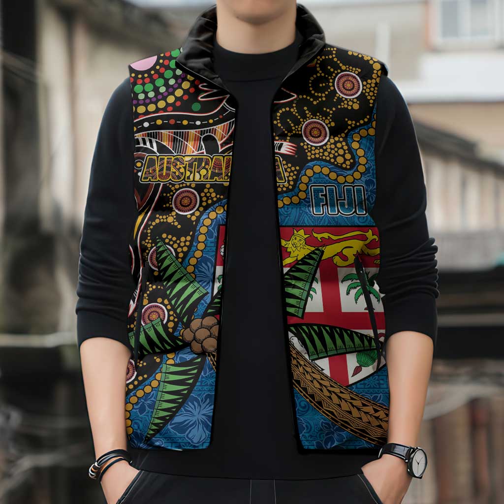Fijian and Australian Culture Together Sleeveless Puffer Jacket Aboriginal Art and Tapa Motifs with Kangaroo and Palm Tree LT03 - Polynesian Pride