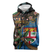 Fijian and Australian Culture Together Sleeveless Zip Hoodie Aboriginal Art and Tapa Motifs with Kangaroo and Palm Tree LT03 Black - Polynesian Pride