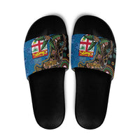 Fijian and Australian Culture Together Slide Sandals Aboriginal Art and Tapa Motifs with Kangaroo and Palm Tree LT03 Black - Polynesian Pride