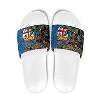 Fijian and Australian Culture Together Slide Sandals Aboriginal Art and Tapa Motifs with Kangaroo and Palm Tree LT03 Black - Polynesian Pride