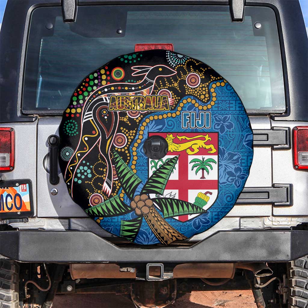 Fijian and Australian Culture Together Spare Tire Cover Aboriginal Art and Tapa Motifs with Kangaroo and Palm Tree LT03 Black - Polynesian Pride