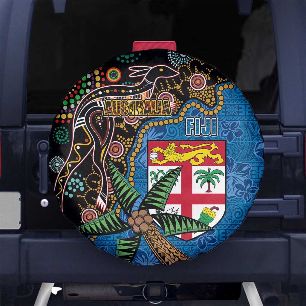 Fijian and Australian Culture Together Spare Tire Cover Aboriginal Art and Tapa Motifs with Kangaroo and Palm Tree LT03 No hole Black - Polynesian Pride