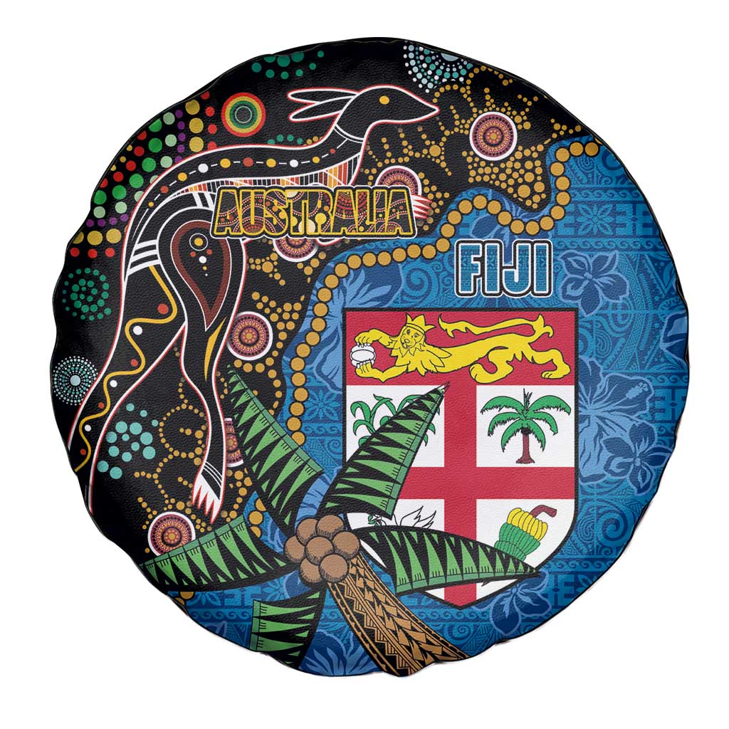 Fijian and Australian Culture Together Spare Tire Cover Aboriginal Art and Tapa Motifs with Kangaroo and Palm Tree LT03 - Polynesian Pride