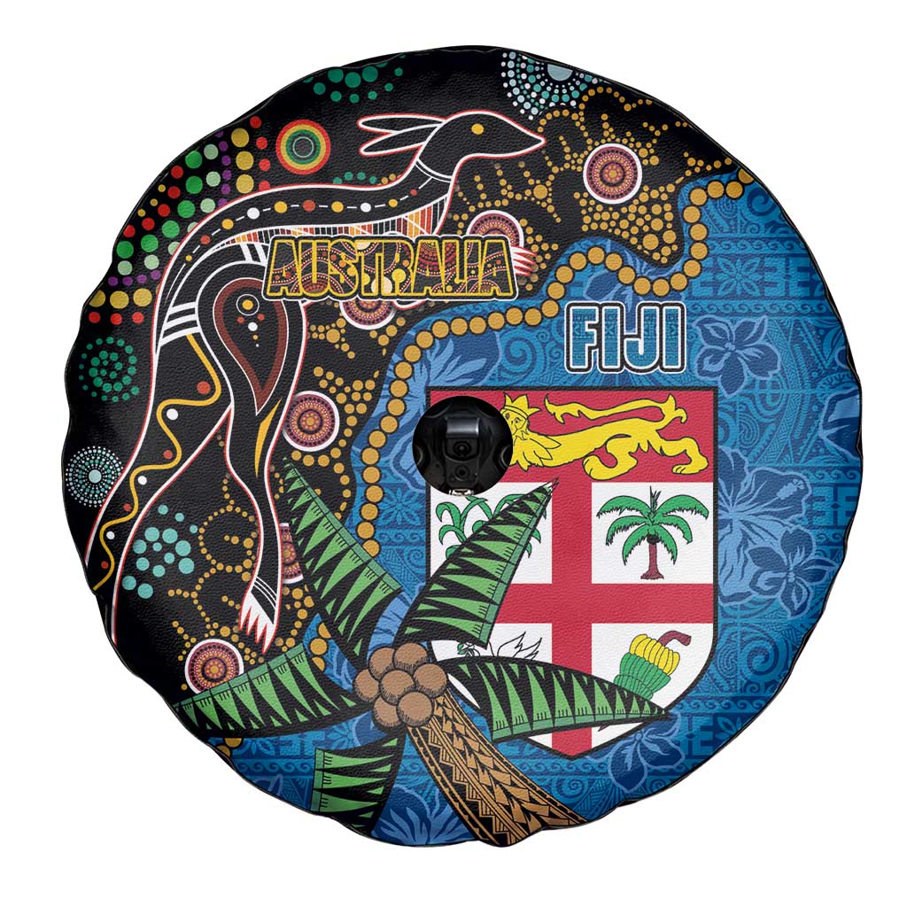 Fijian and Australian Culture Together Spare Tire Cover Aboriginal Art and Tapa Motifs with Kangaroo and Palm Tree LT03 - Polynesian Pride