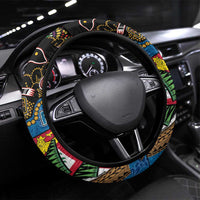 Fijian and Australian Culture Together Steering Wheel Cover Aboriginal Art and Tapa Motifs with Kangaroo and Palm Tree LT03 Universal Fit Black - Polynesian Pride