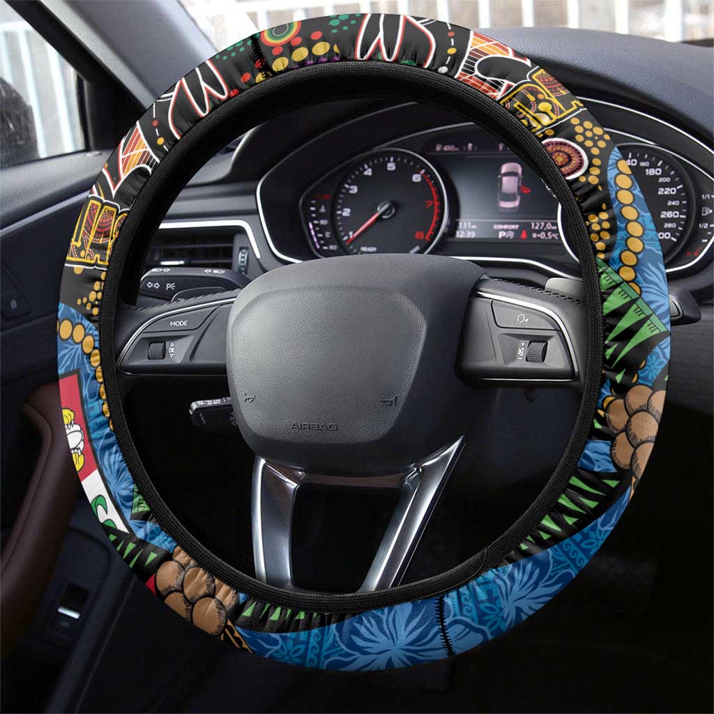 Fijian and Australian Culture Together Steering Wheel Cover Aboriginal Art and Tapa Motifs with Kangaroo and Palm Tree LT03 - Polynesian Pride