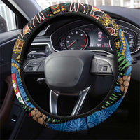Fijian and Australian Culture Together Steering Wheel Cover Aboriginal Art and Tapa Motifs with Kangaroo and Palm Tree LT03 - Polynesian Pride