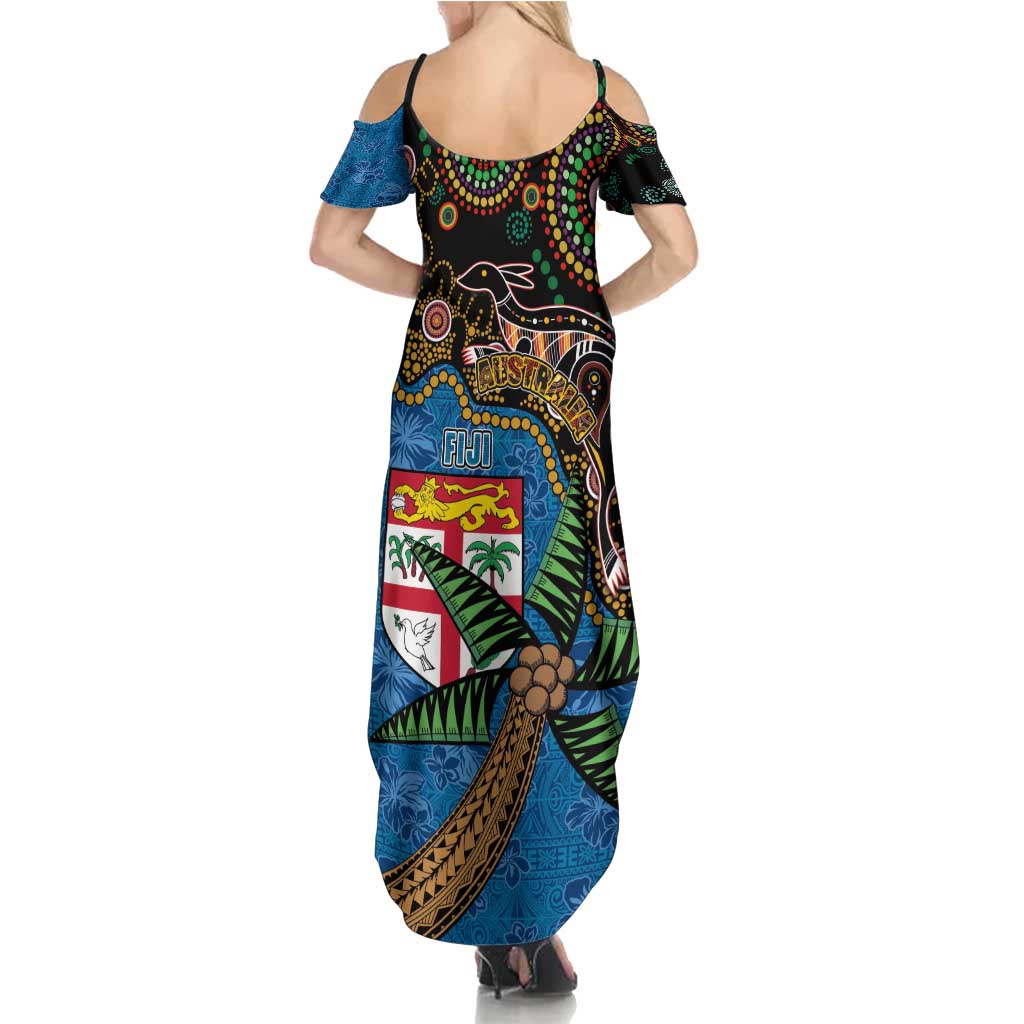 Fijian and Australian Culture Together Summer Maxi Dress Aboriginal Art and Tapa Motifs with Kangaroo and Palm Tree LT03 - Polynesian Pride