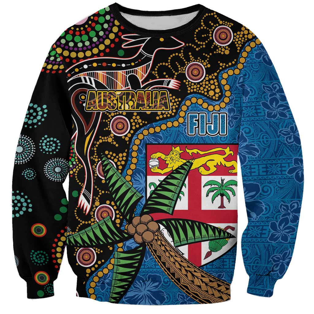 Fijian and Australian Culture Together Sweatshirt Aboriginal Art and Tapa Motifs with Kangaroo and Palm Tree LT03 Unisex Black - Polynesian Pride